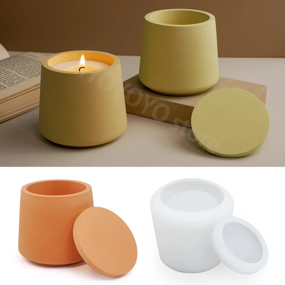 Round Candle Jar Concrete Silicone Mold Storage Box with Lid Plaster Resin Casting Mould Flower Pot Cement Mold Home Craft Decor