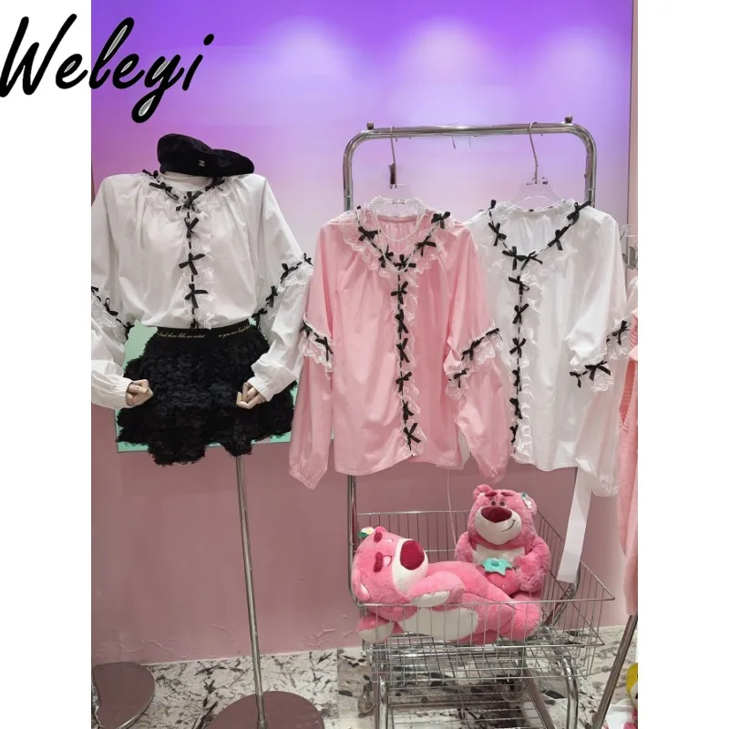 

Spring and Autumn New Sweet Blouse for Women Korean Fashion New Cute Bow Lace Koszule I Bluzki Temperament Versatile Loose Tops