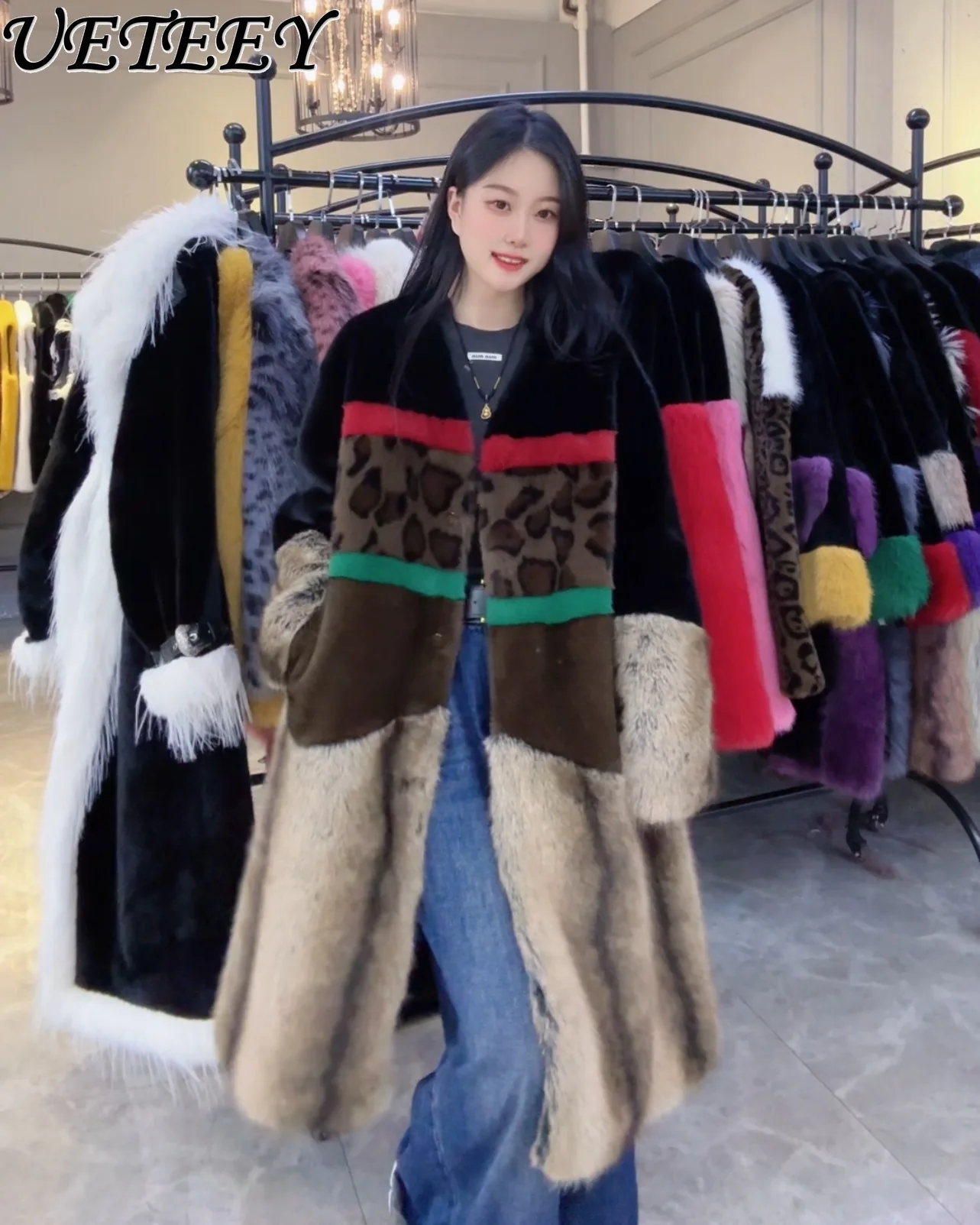 

2025 New Winter Heavy Craft Color-Block Leopard Print Patchwork Trench Coat Fur Jacket Thickened Cold-Proof Long Fur Coats Women