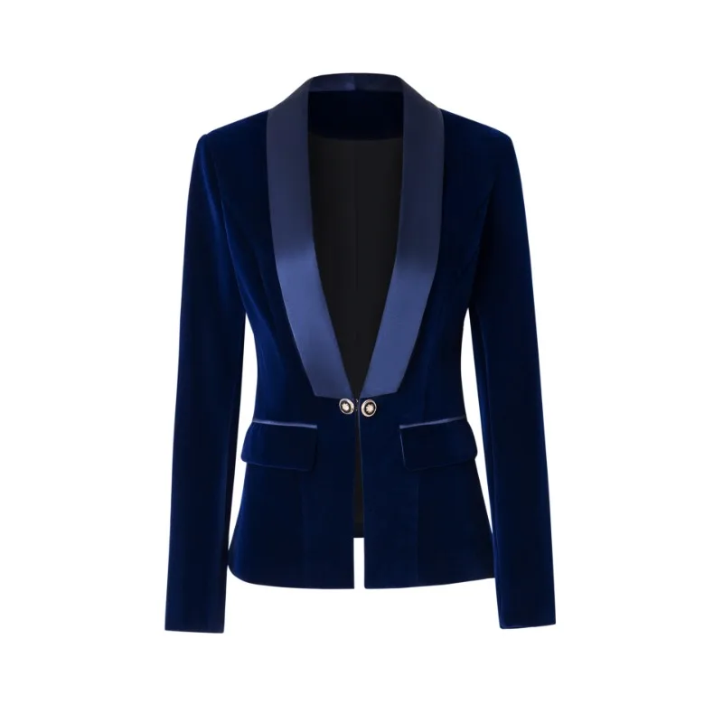 Dames Lente Herfst Kort Ontwerp Enkele Knoppen Colberts Zwart Blauw Fluwelen Elegante Slanke V-hals Blazers Vrouwelijke Woon-werkjas