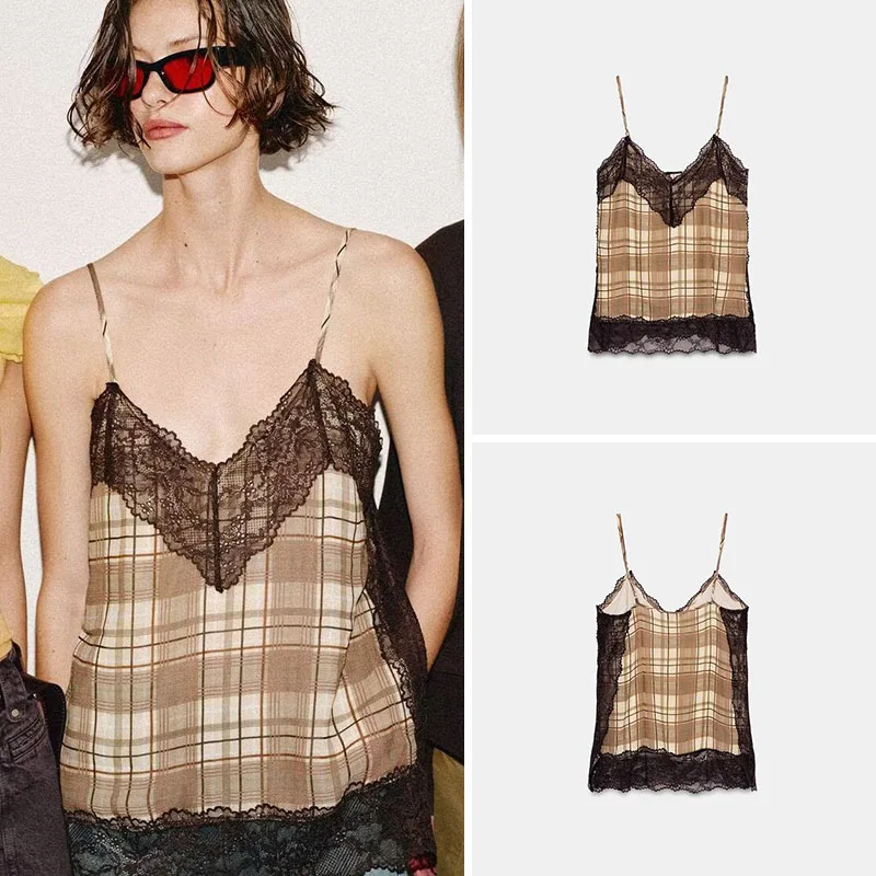 

Spring New Arrival Women's Sexy Strap V-Ne Plaid Underwear Sle Top Retro Faionable Chinese Ethnic Clothing Stage Costume