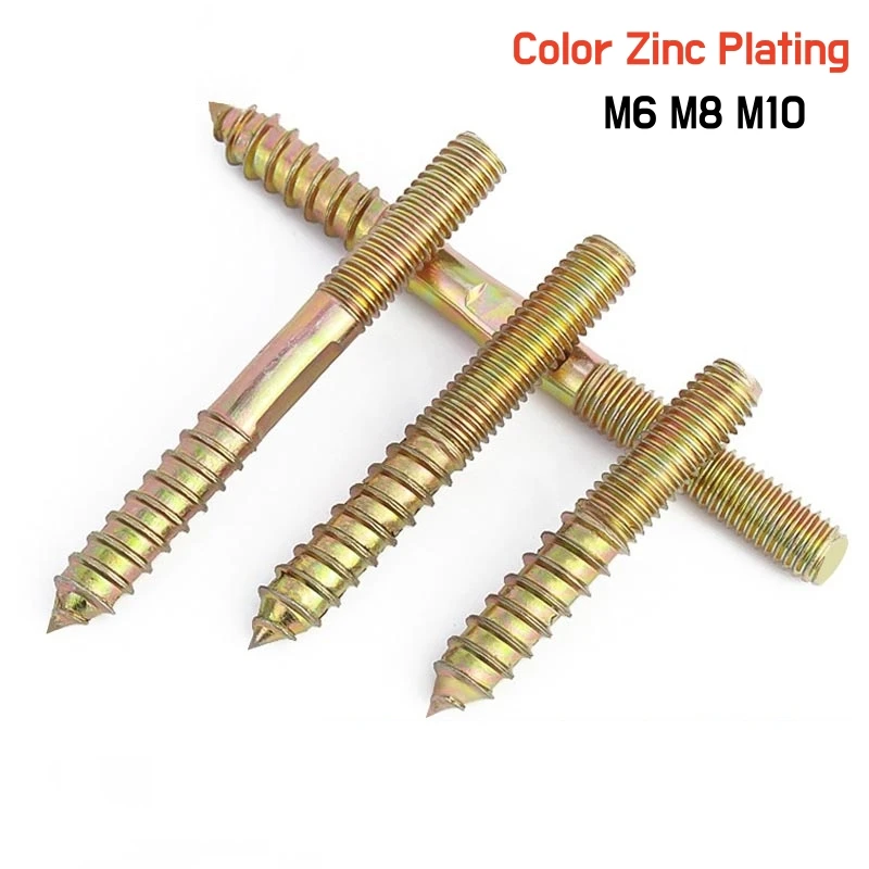 M6 M8 M10 Double Ended Thread Dowel Screws Hanger Bolts Zinc Plated Yellow Self Tapping Screw for Wood Furniture Sofa Connecting