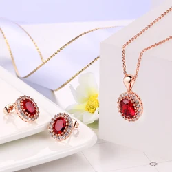 Red Crystal Necklace Earrings Jewelry Set For Women Simple Rose Gold Color Oval Rhinestone Accessories Wholesale Girl Gift S213