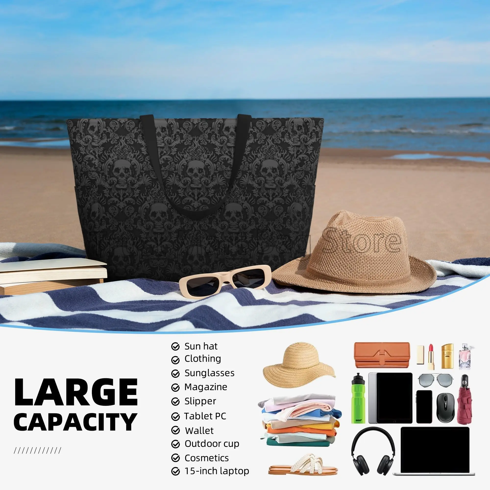 Bolsa de praia impermeável grande para mulheres, gótica, gótica, preta, crânio, damasco, bolsa à prova de areia, piscina, viagem, férias, academia, compras