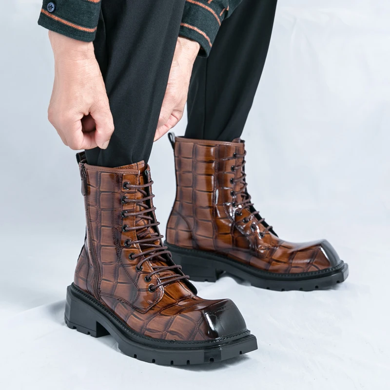 

Fashion Brand Men's Autumn New Square Toe Thick Soled Work Boots High-quality Men Comfortable Side Zipper High Top Leather Shoes
