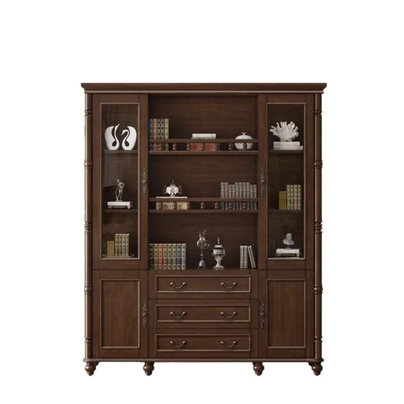 All-solid wood bookcase with glass doors, cabinet for home storage, display cabinet