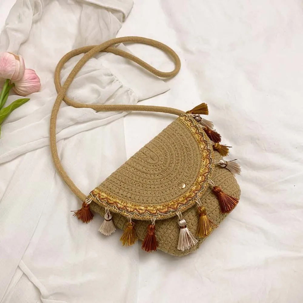 

Сумка через плечо с магнитной кнопкой и соломенной кисточкой, дышащая тканая сумка в стиле ретро в этническом стиле, легкая полиэстеровая сумка