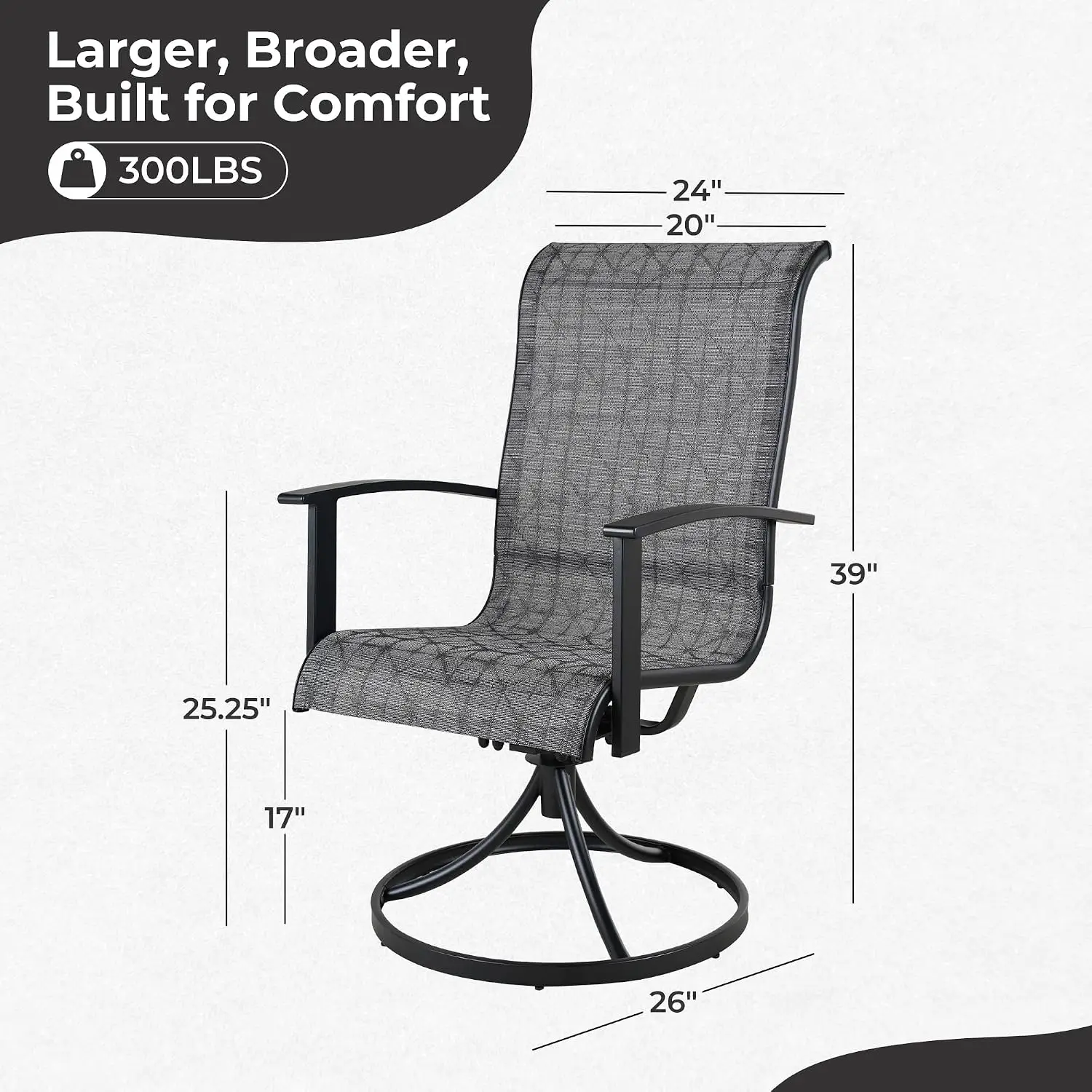 Outdoor Swivel Dining Chair Set 2, 360° Mesh Sling Rocker, High Back, Deck & Garden, Black Grey Plaid, Customized