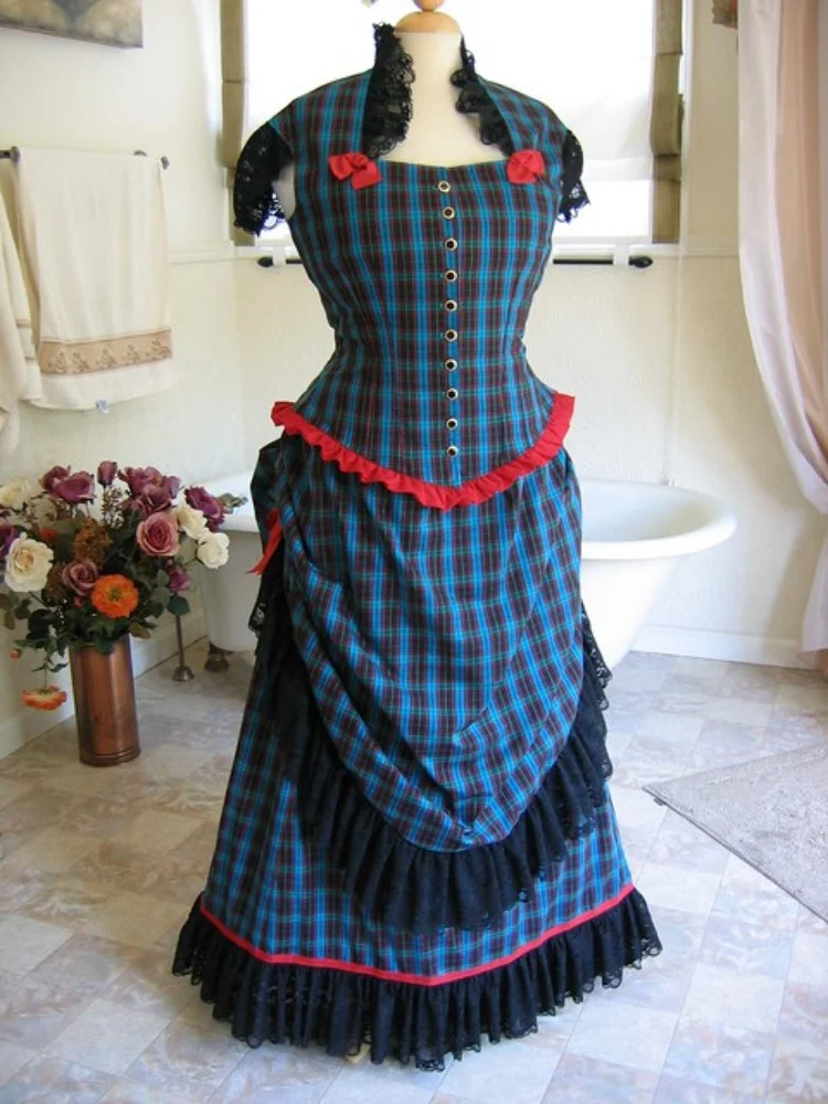 Victorian Civil War Walking Dress Medieval Colonial Plaid Bustle Ball Gown Halloween Carnival Party Stage Performance Costume