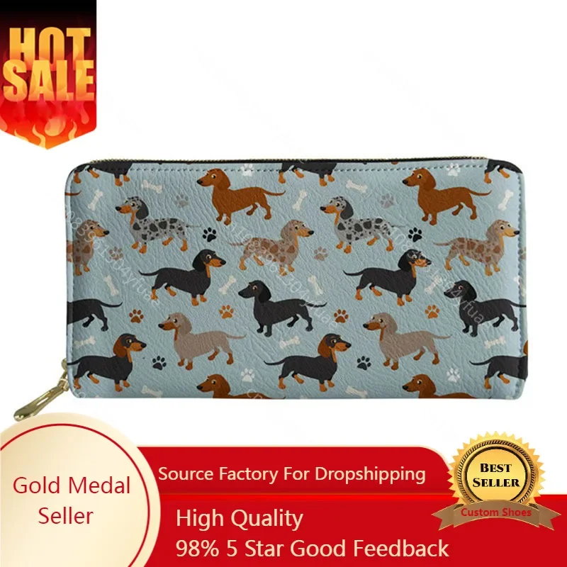 Cute Dachshund Dog Print Leather Wallet Women Long Zipper Wallets Coin Purse for Women Female Money Bag Ladies Clutch Hand Bags