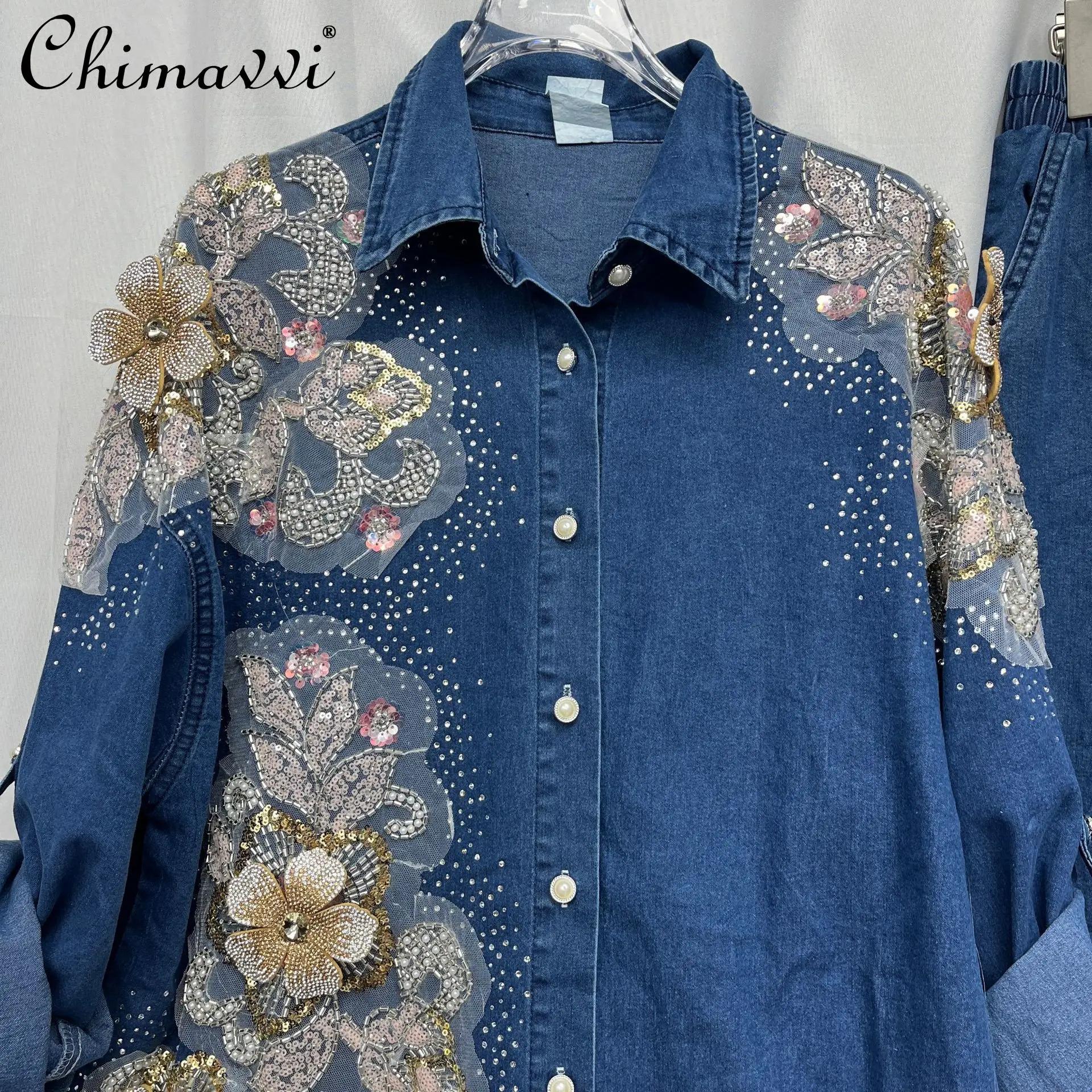 

European Larger Size Women's Long Pants Set Fashion 3D Floral Mesh Rhinestone Denim Long Sleeve Shirt Wide-Leg Pants 2Piece Set