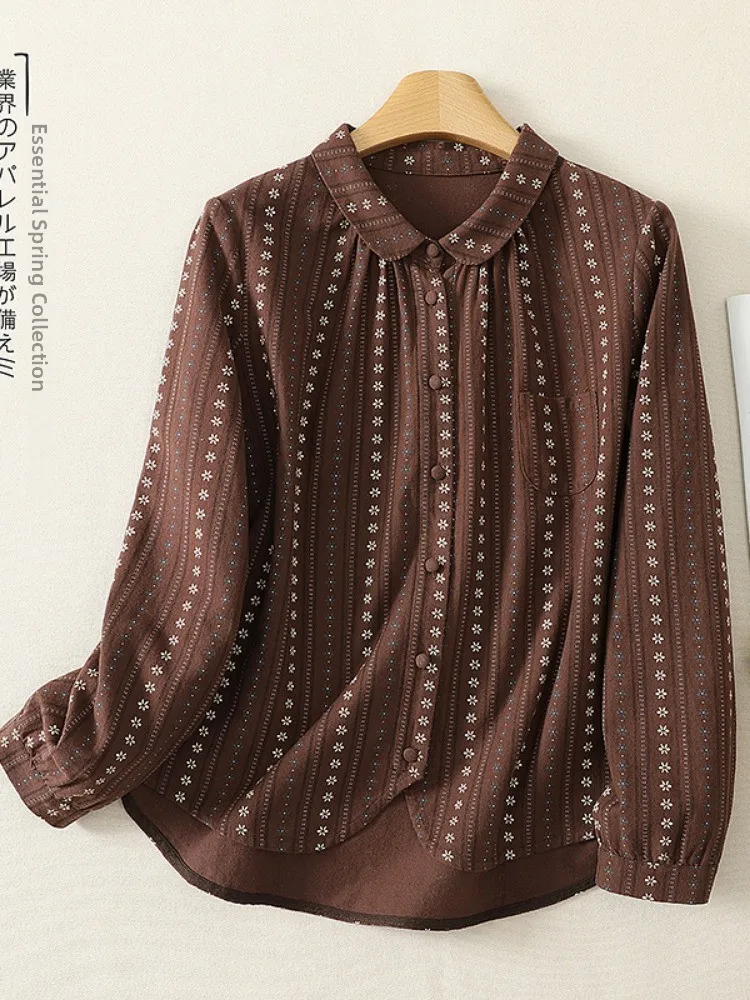 Retro Japanese Style Double Layer Cotton Floral Striped Shirt Women Early Autumn Elegant Ageless Quality Doll Collar Top