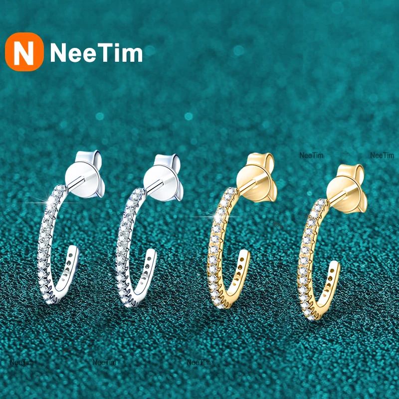 

NeeTim All Moissanite Hoop Earrings for Women 925 Sterling Silver Stud Earring with Gold Plated Party Wedding Fine Jewelry GRA
