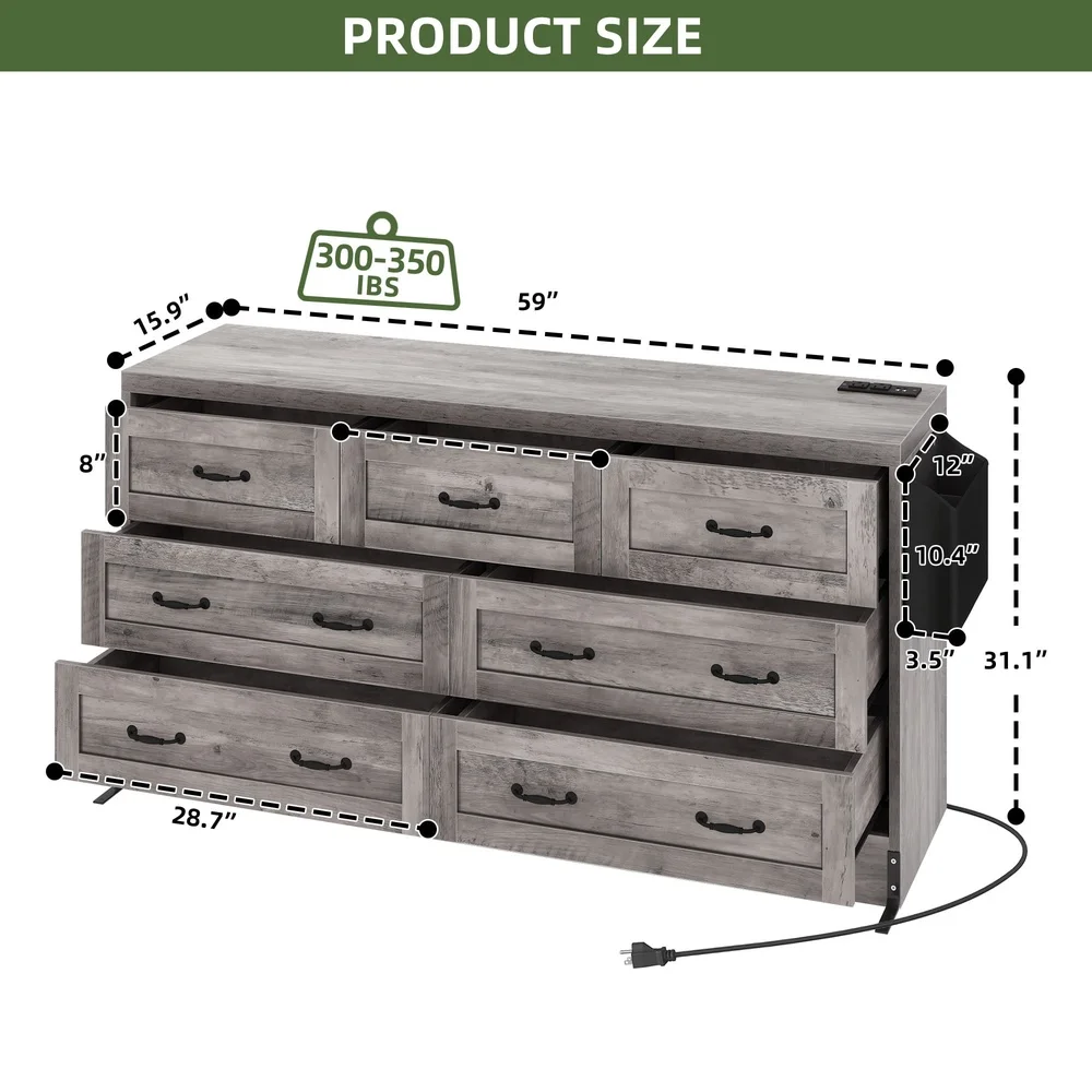 7 Drawer Wood Dresser Cabinet with USB Ports Power Outlets Spacious Storage Anti Tip Safety Features Home Use