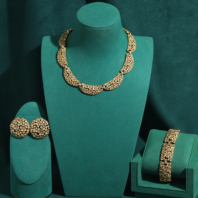

Vintage Hollow Metal Flower Jewelry Sets Gold Color Woman Palace High Short Necklace Stud Earring Charm Bracelet Engagement 2026