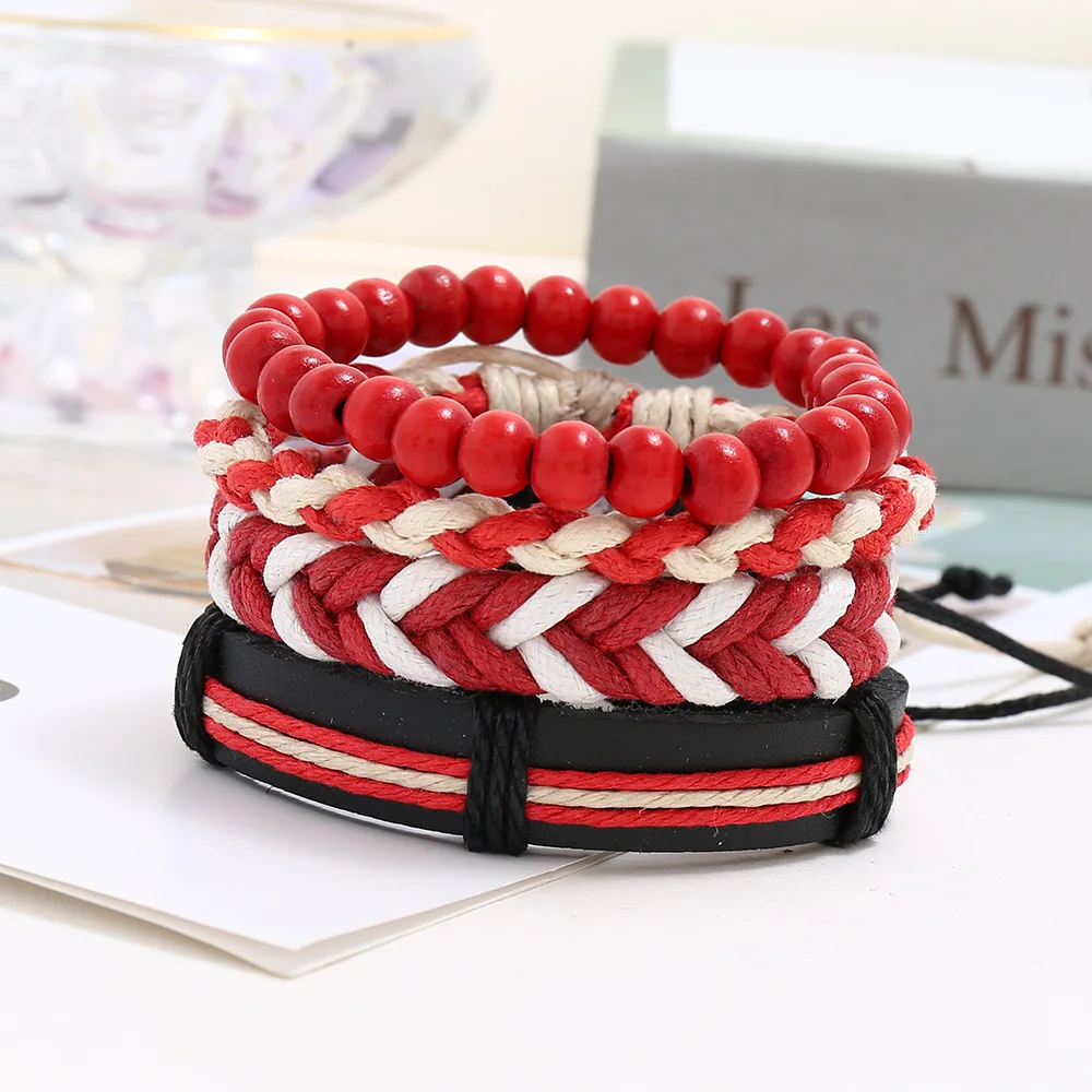 New Red Braided Leather Men Bracelet Classic Hand-woven Multi-layer Leather Bracelet For Men Jewelry Gift