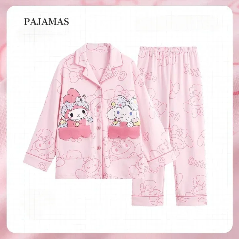 Sanrio My Melody Long Sleeved Pajamas Set Cartoon Anime Character Kuromi Pattern Student Kawaii Lapel Home Dormitory Clothes