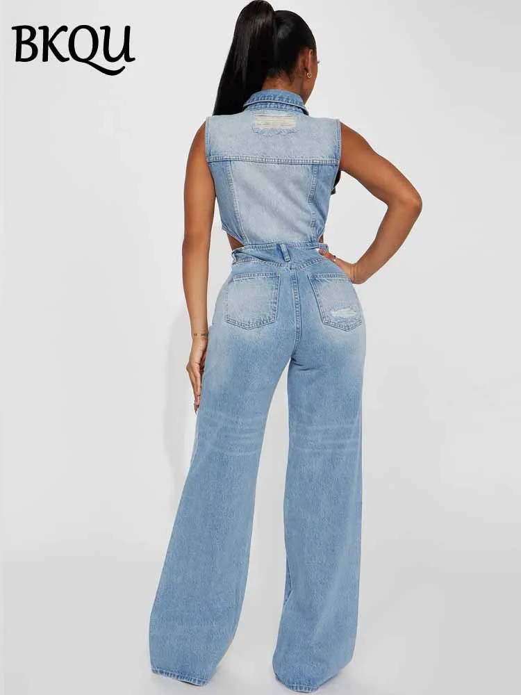 BKQU بذلة نسائية من قماش الدنيم مفرغة قابلة للتمدد قطعة واحدة بدون أكمام بأزرار واسعة الساق رومبير 2025 أزياء سيدة عالية الشارع #3