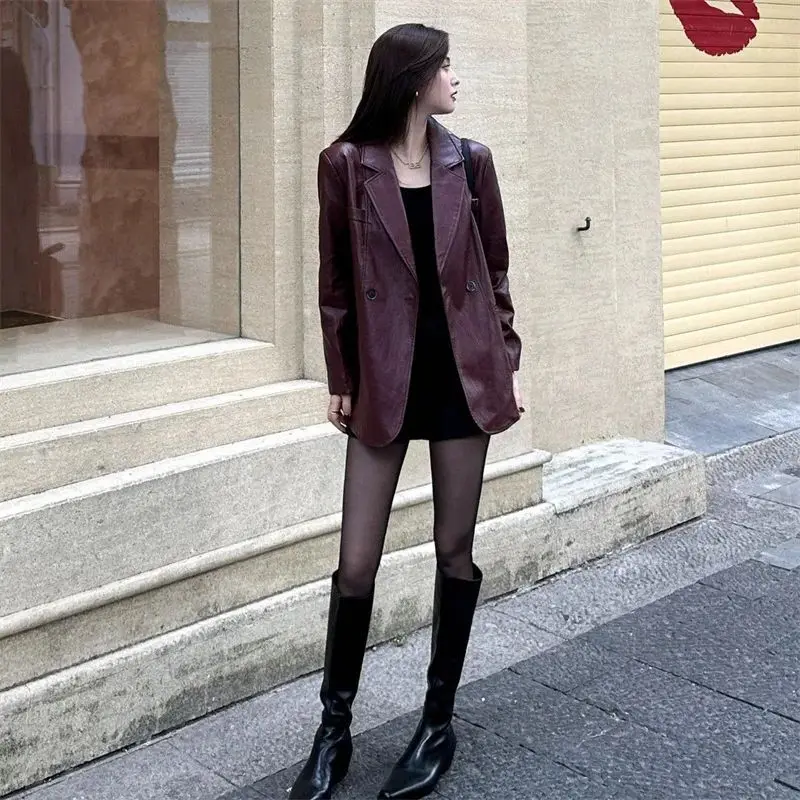Red Suit, Leather Jacket, Women's Spring and Autumn American Retro Fashion, High-end Feeling, Loose PU Leather Jacket, Fashion 4