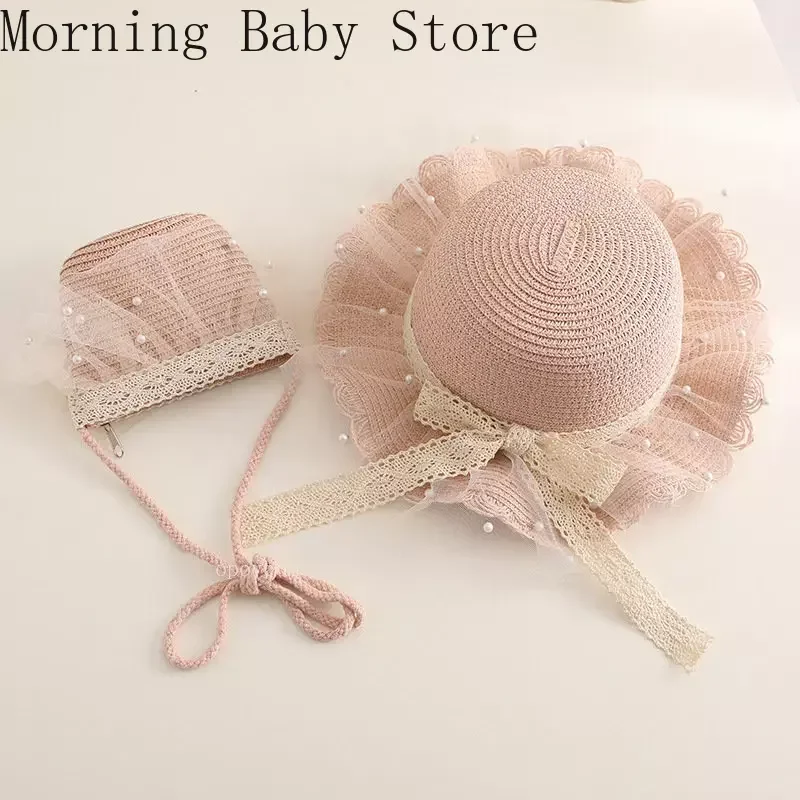 Summer Fashion Kids Straw Hat Lace Pearl Baby Girl Hat Bag Set Baby Travel Sun Protection Beach Hats Panama for 2-8 Years Kids