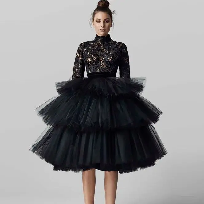 HOBBY Elastic Waistband Puff Layered Tulle Midi Skirt Knee Length Maxi Skirt A Voluminous Tiered Tutu Tulle Women Skirts Ruffled