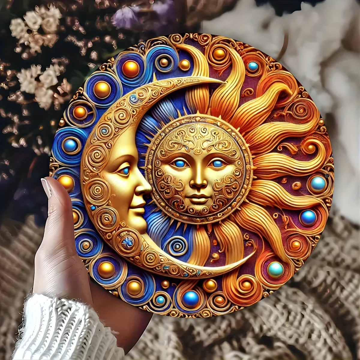 1 x Sonnen- und Mond-Metallschild, rustikale Sonne und Mond, rundes Metall-Blechschild – langlebige, wetterbeständige Heimdekoration für Mutter und Frauen