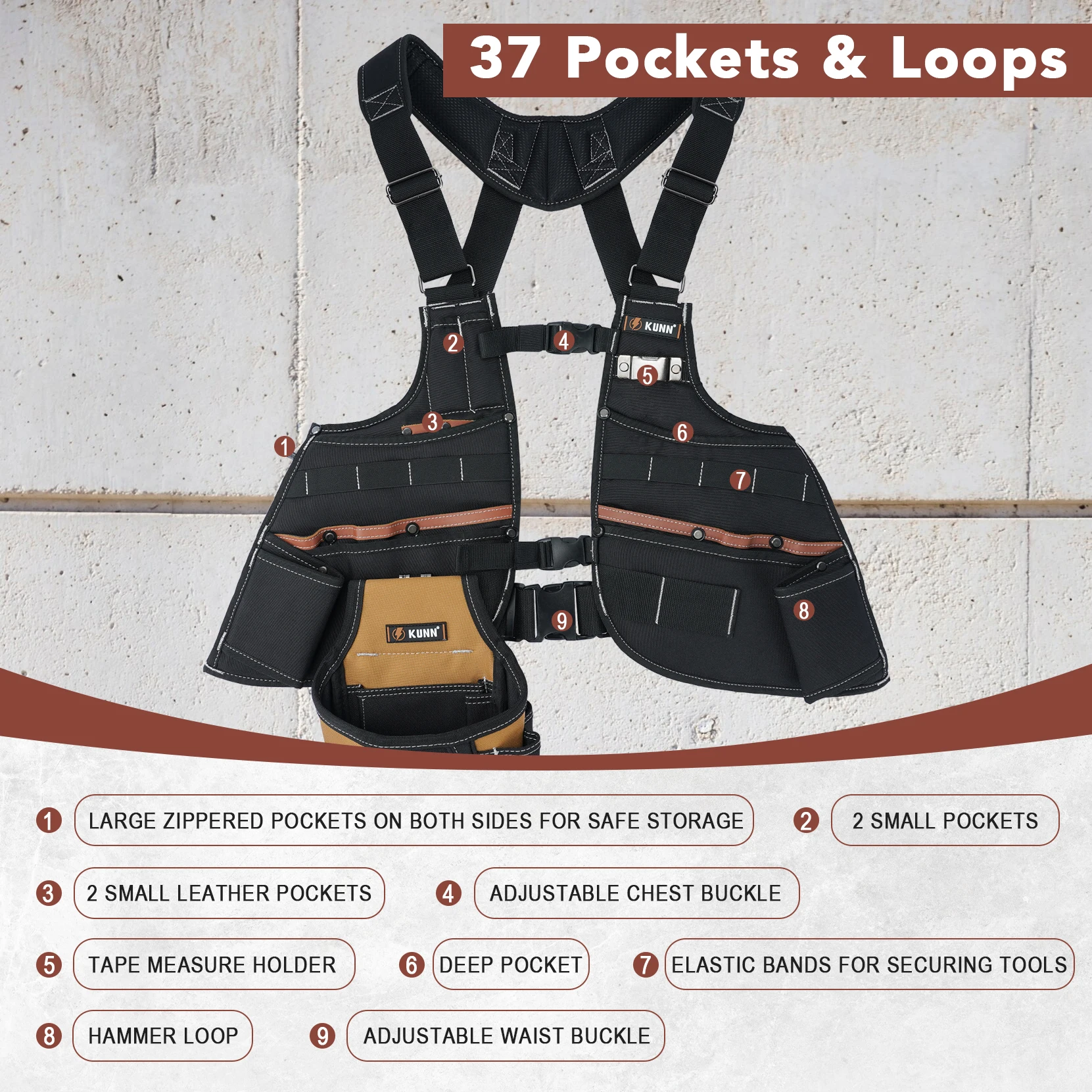 سترة أدوات جلدية للرجال - سترة عمل قابلة للتعديل بـ 37 جيبًا للكهربائيين والنجارين وعمال البناء #3