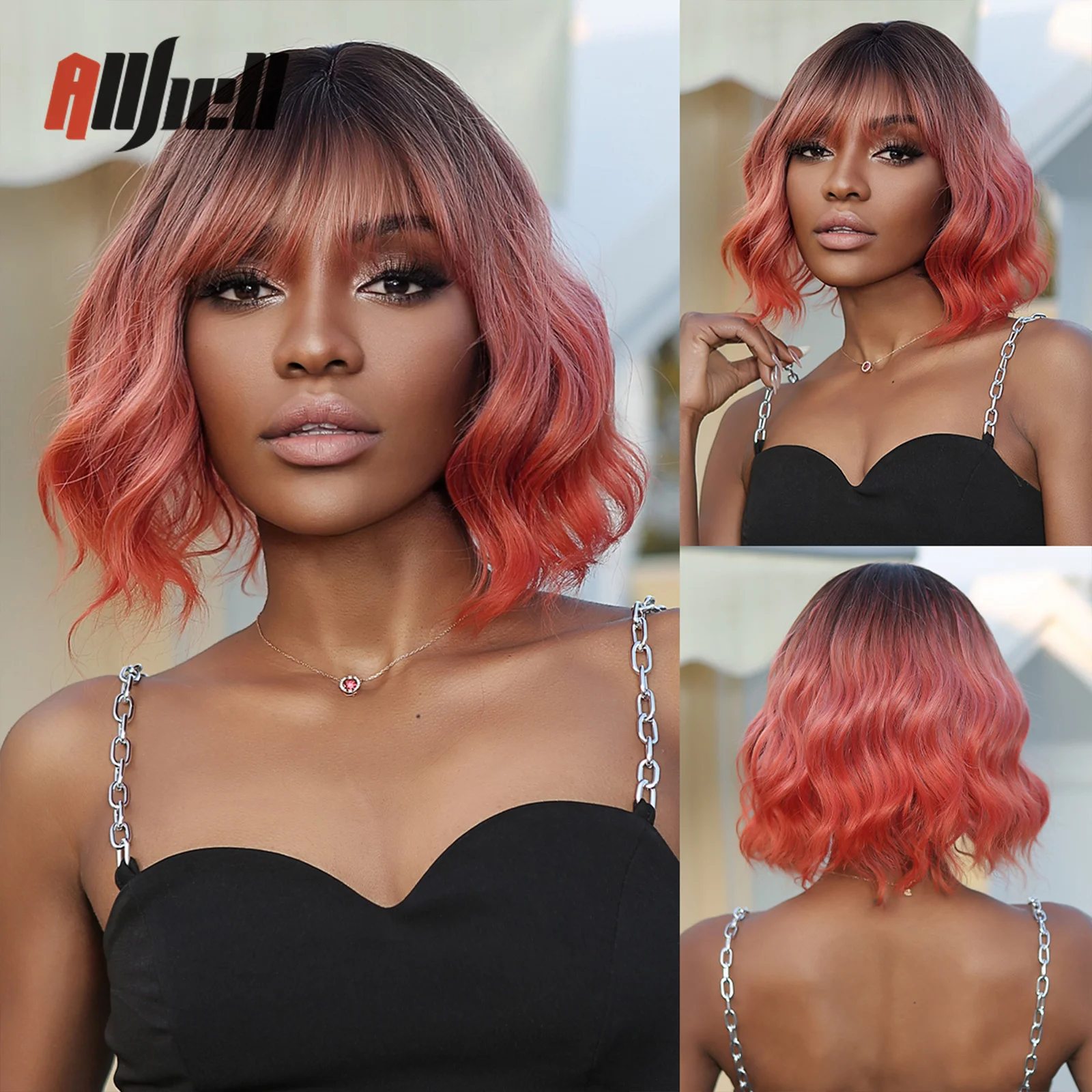 

Парик Омбре из красного короткого Боба с челкой, синтетический волнистый парик с темными корнями для черных женщин, натуральный косплей, искусственные волосы, Термостойкое волокно