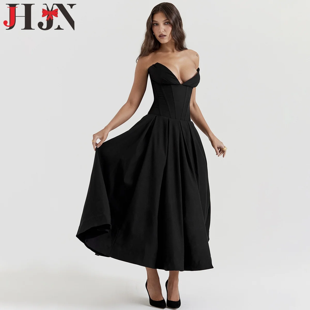 

JHJN Elegant Strapless Women Dress Fishbone Waist Slim Fit Solid Frock A-Line Evening Gown Temperament Long Skirt Off Shoulder