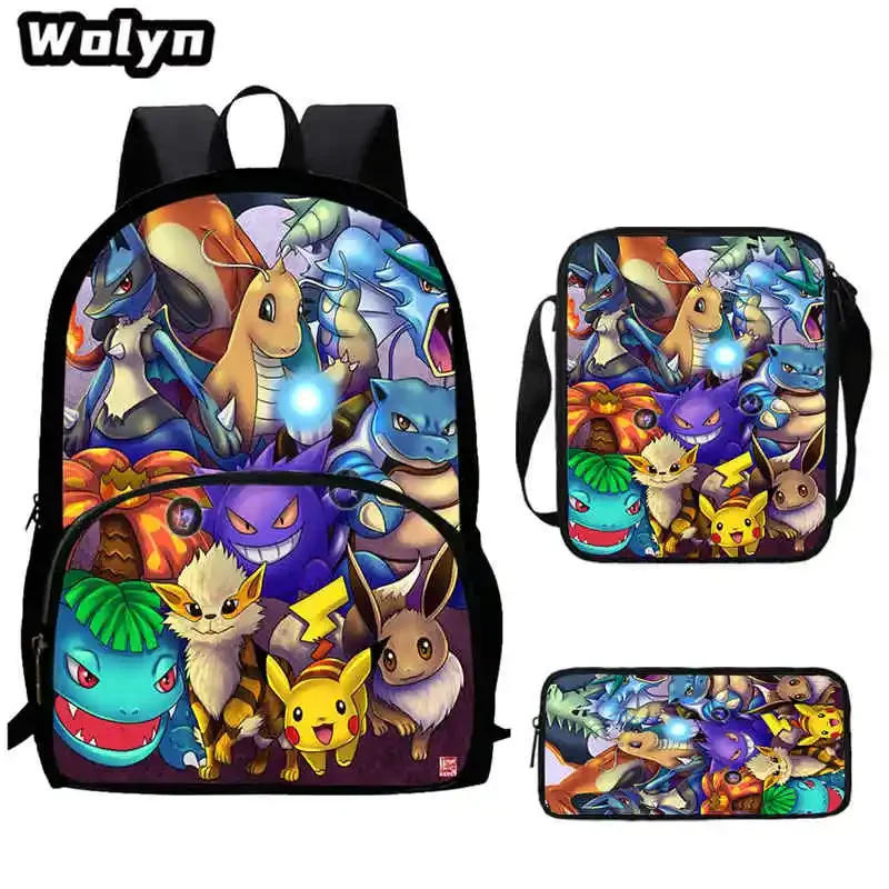 3Pcs Set Cartoon P-POKE-M-MON School Backpack,Shoulder Bags,Pencil Bags for 4-8 Years Old Cartoon School Bags for Boys Girls