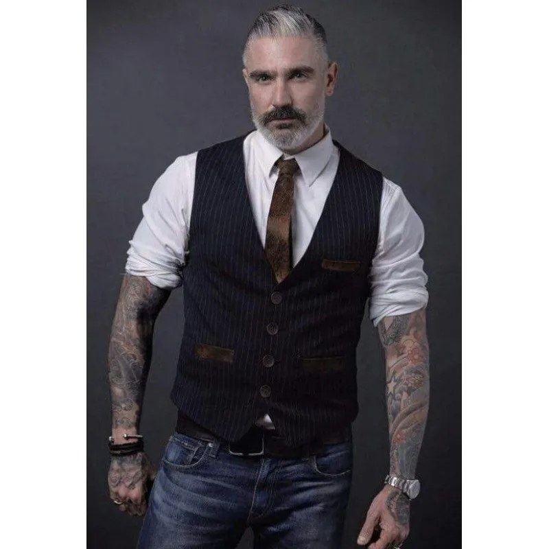 Men's Vest Stripe Fashion V Neck Slim Fit Sleeveless Suit Casual Business Tops Single Breasted Tops 2023