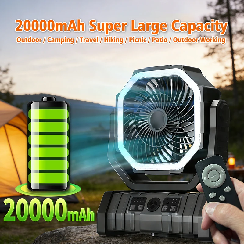 

Портативный USB-вентилятор для кемпинга с большой емкостью 20000 мАч, дистанционным управлением, 270° вращением, переносной воздушный циркулятор ° Регулируемая головка и встроенный H-образный элемент