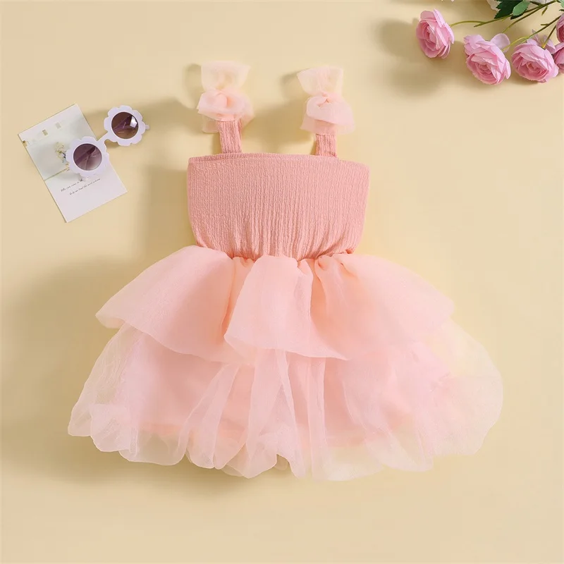 Kids Baby Girls Ball Gown Dress Sleeveless Bow Straps Layered Tulle A-line Dress Summer Girl Patchwork Birthday Party Dress