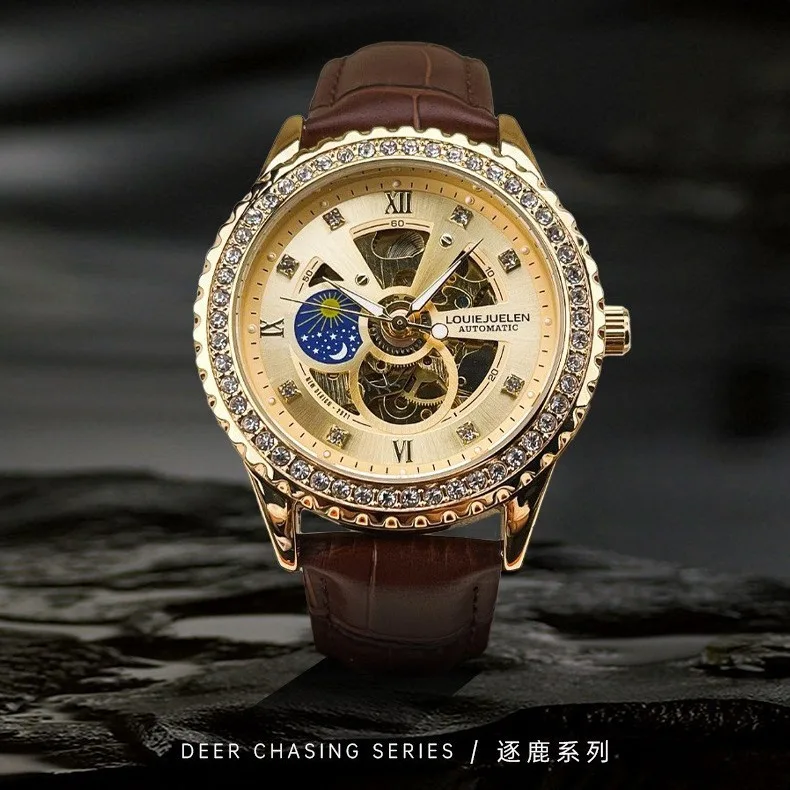 Stainless Steel New Full Diamond Sun-Moon-Star Skeleton Luminous Waterproof Self-Wind Automatic Watch for Men