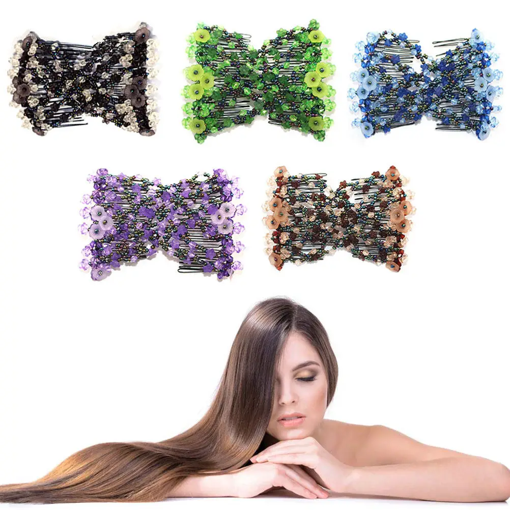 

5Pcs Beaded Combs for Hair Updos Stretchable Bun Tools Double Row Clips Elegant Style Variety Pack No Tools Needed