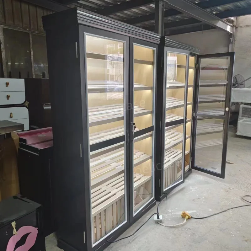 custom，Custom Cherry Cigar Humidor Cabinet Display with Spanish Cedar Wood Drawers Smoke Shop Showcase