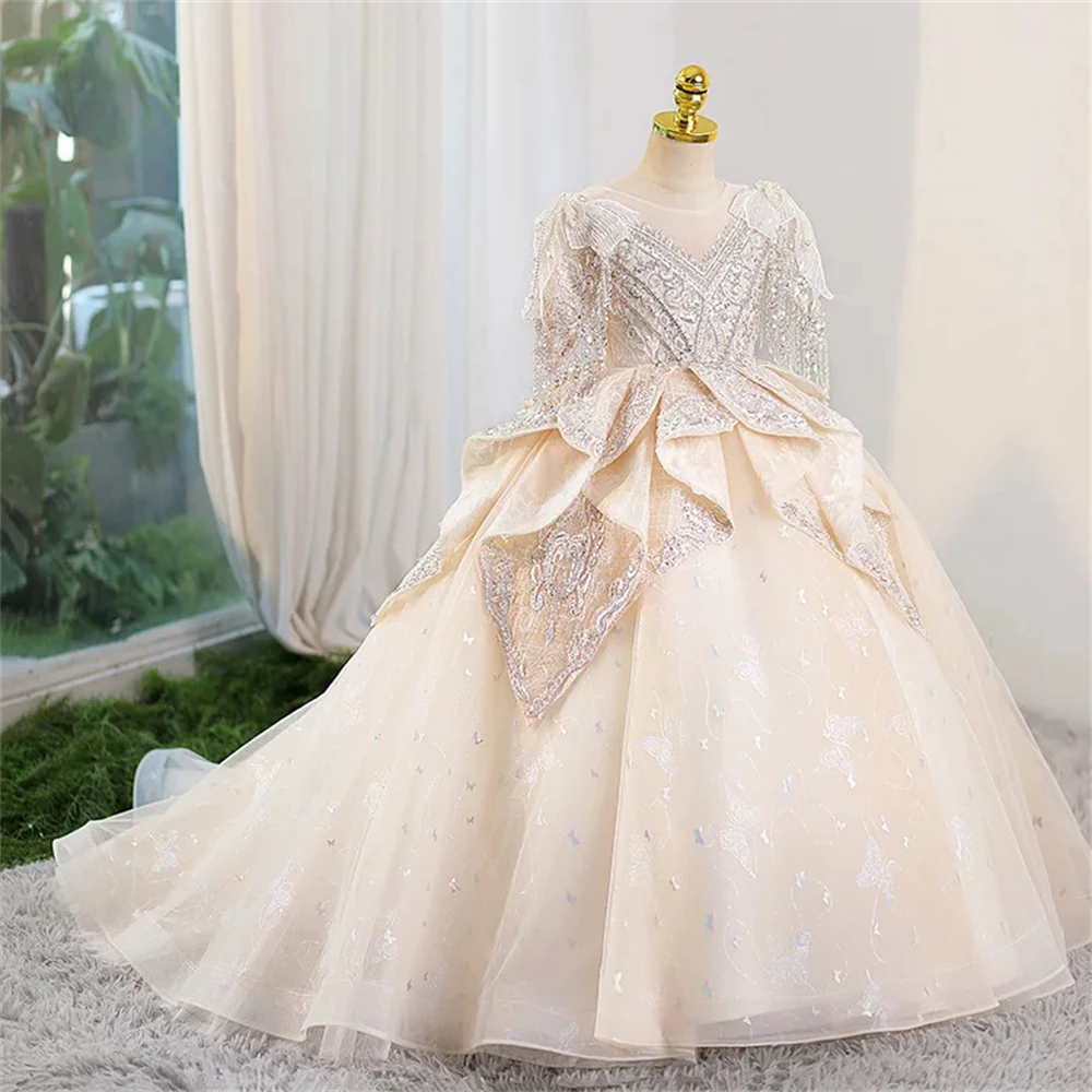 

Customized Flower Girl Dress For Wedding Glitter Pearls High Waist Floor Length Elegant Kids Birthday First Communion Gown