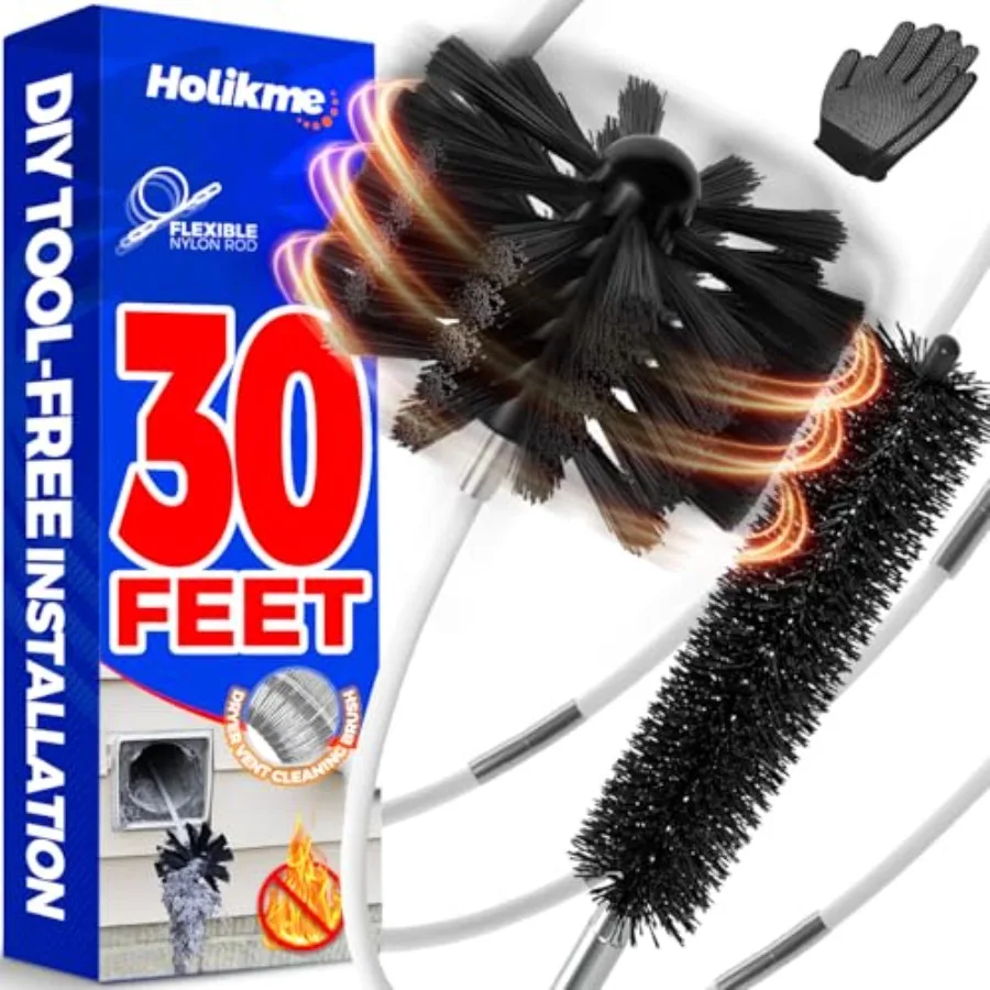 30 Feet Dryer Vent Cleaner Kit, Flexible Lint Brush with Drill Attachment, Fireplace Chimney Brushes Extends Up to 30 Feet for