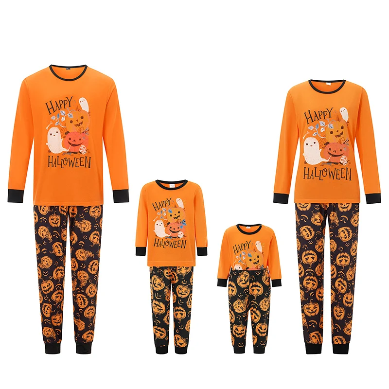 Family Matching Halloween Pumpkin Set Letter Print Long Sleeve Tops Long Pants 2-Piece Outfits