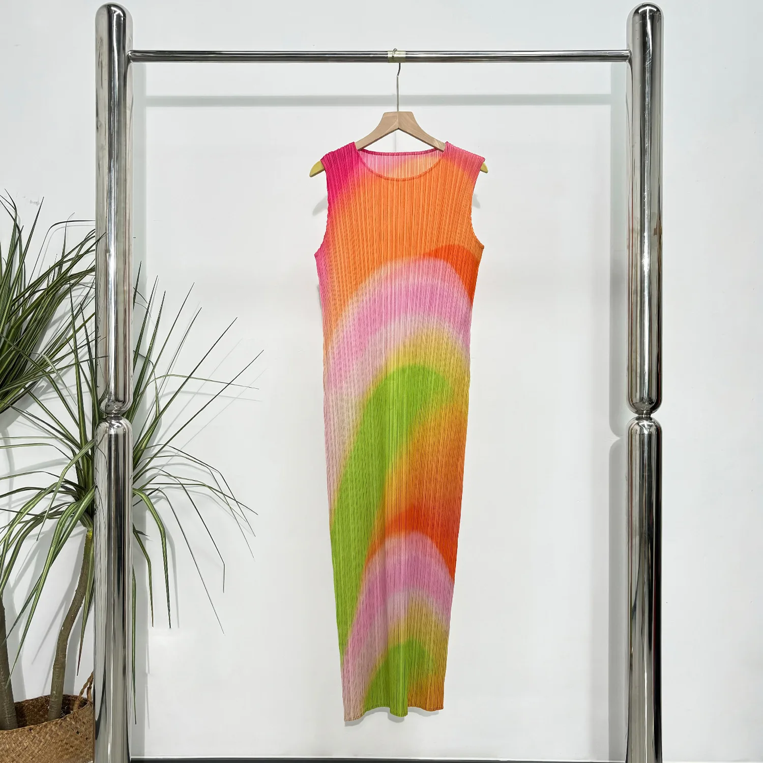 Vestido degradado plisado Miyake, falda de tubo recta sin mangas de moda con cuello redondo de lujo ligero, falda elegante para niños