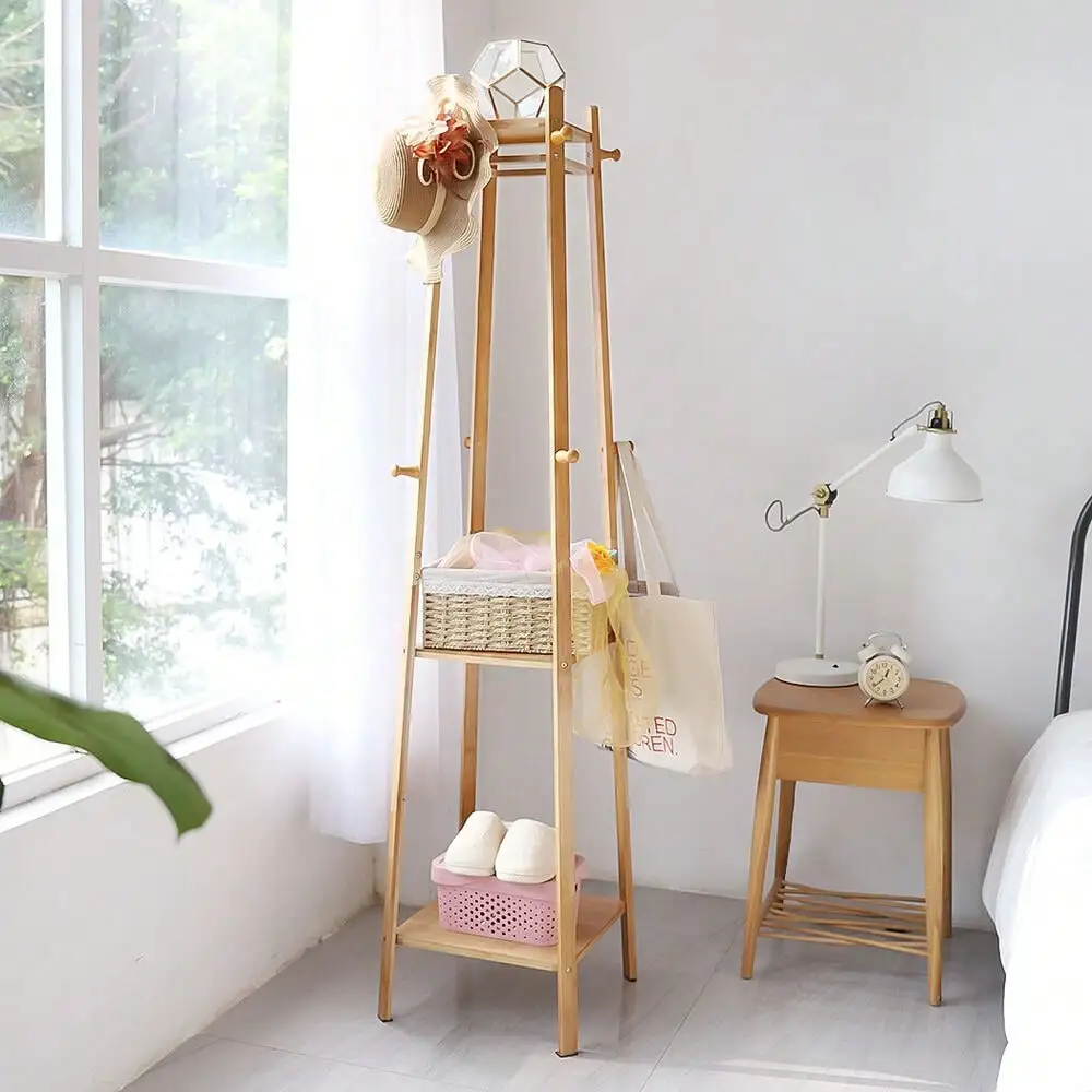 Bamboo Entryway Hall Tree Coat Rack Stand Umbrella Storage with 2 Shelves 8 Hook