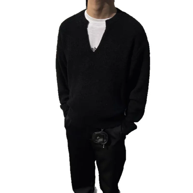سلع عالية 「Wool Blend」 سترة صوفية ذات ياقة V للرجال، للخريف والشتاء، نمط كسول، ملابس تريكو ملونة