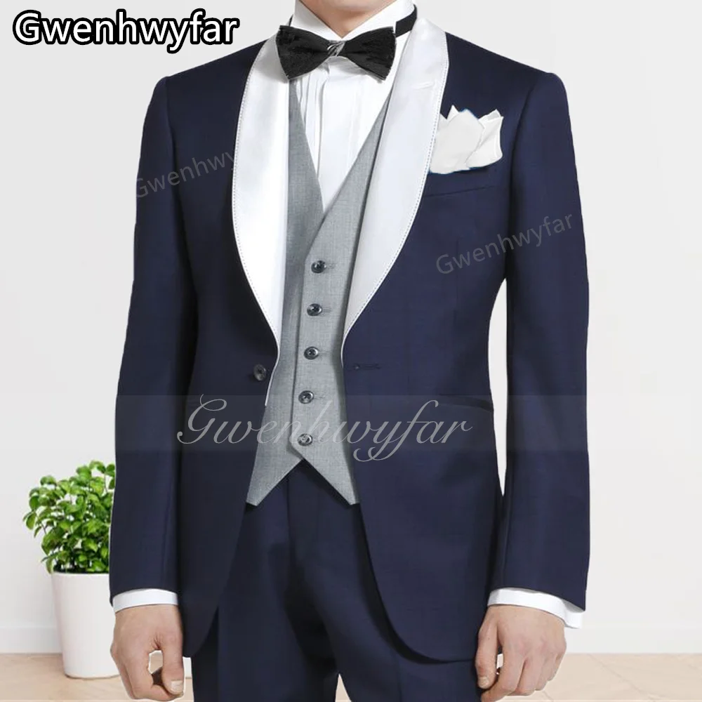 

Gwenhwyfar Navy Blue Men's High Quality Formal Business Slim Fit Mens Suit Best Groom Wedding Tuxedo 3 Pcs (Blazer+Pant+Vest)