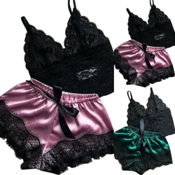 Women's Sexy Lace Sleepwear Erotic Lingerie Lace Split V-Neck Three-point Sexy Suspender Sheer Pajama Pants Set