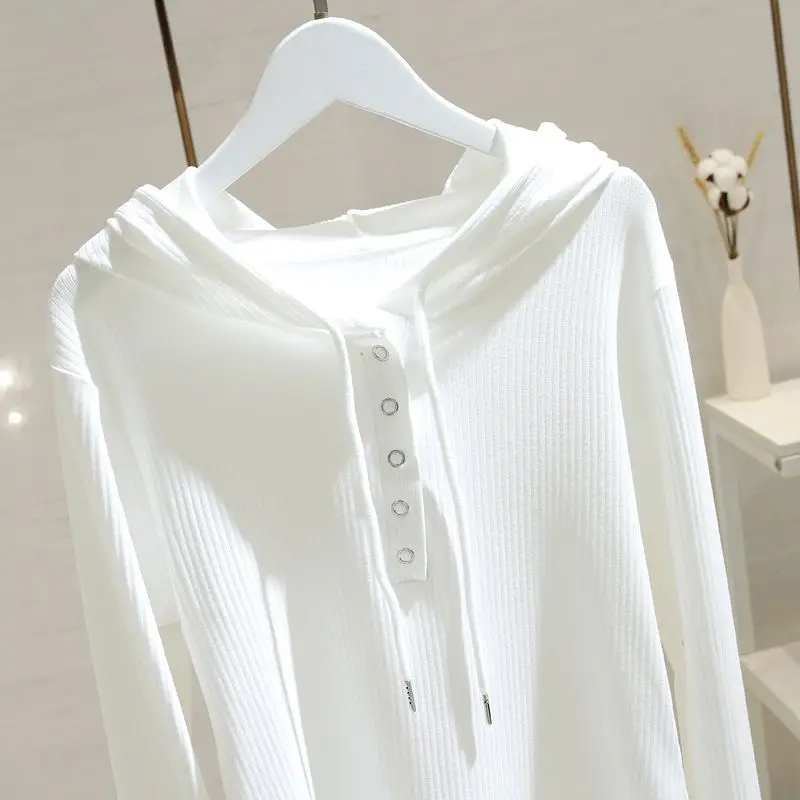 Spring Autumn Fashion Solid Hoodies Long Sleeve T-Shirts Women\'s Clothing Casual All-match Loose Button Simplicity Korean Tops