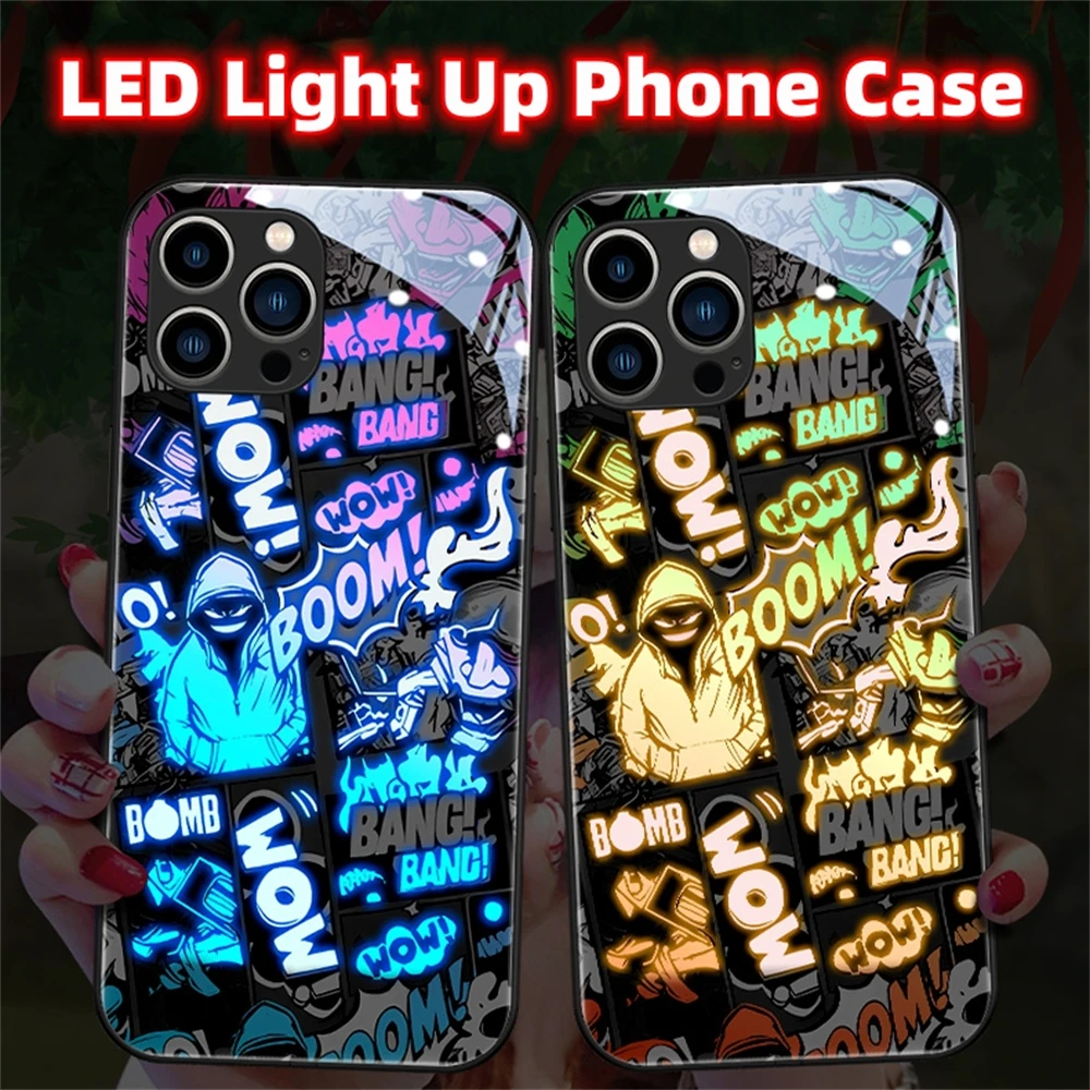 Mobile Flash LED Luminous Tempered Glass Cover Night Light Shockproof Phone Case For iPhone 15 14 13 12 11 Pro Max Mini X SE2020