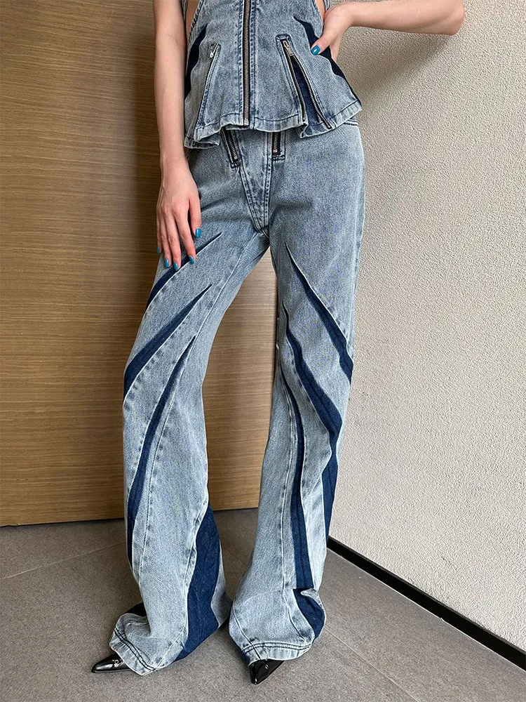 BPN Streetwear Hit Color Jeans For Women High Waist Slim Patchwork Zipper Slimming Denim Flare Pants Female Fashion Clothing New