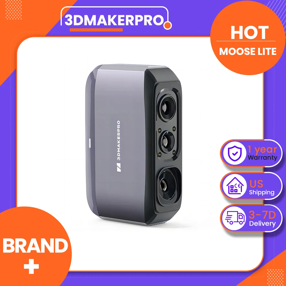 3DMakerpro Moose Lite 3D Scanner, 0.05mm Accuracy, 0.10mm Resolution, NIR Light Source, 24-bit Color Camera, Al Visual Tracking, 10fps Frame Rate, Anti-Shake Lenses, Compatible with Windows/MacOS