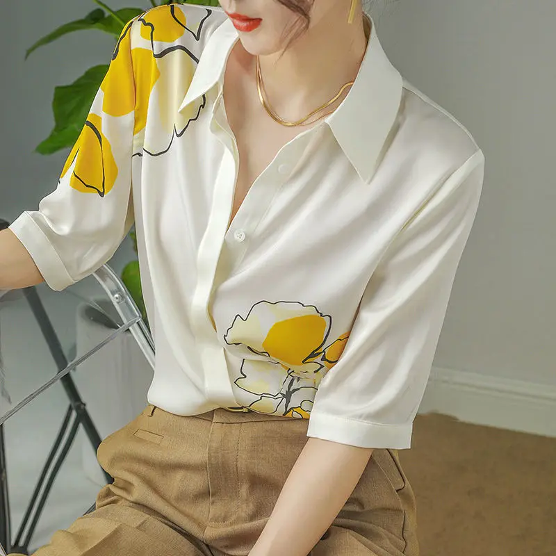 Fashion New Summer Floral Print Women Shirt Turn-down Collar Office Lady Half Sleeve Loose Chiffon Generous Shirt Femme 2022