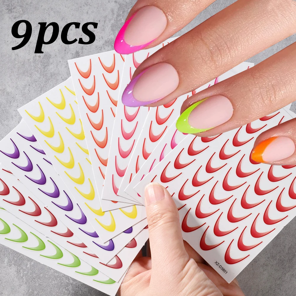 

9sheets Summer Dazzling Mixed French Line Nail Sticker Neon Slider Design 3D Self-Adhesive Stencil Manicure Guides DIY Nail Deco